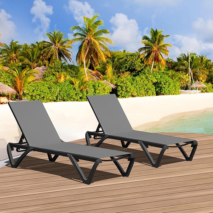 Domi Pool Lounge Chairs Set of 2, Aluminum Adjustable Outdoor Chaise Lounge with Wheels, All Weather Outdoor Lounge Chair for Deck Lawn Patio Backyard, Textilene - Gray
