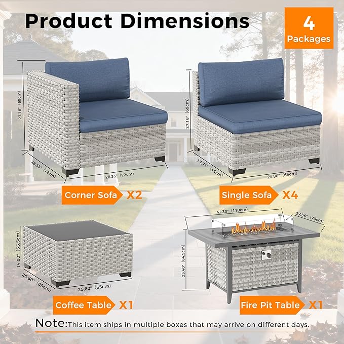 6-Seat Modern Outdoor Wicker Rattan Patio Furniture Set with 55,000 BTU Fire Pit Table, Thick 4″ Cushions, All-Weather Dual-Strand Rattan, Rust-Resistant Steel Frame,Navy