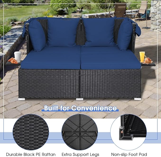 RELAX4LIFE Patio Outdoor Daybed with Canopy, Wicker Sunbed w/Cushions, 4 Pillows & 2 Retractable Side Trays, 2-Person Lounge Bed Conversation for Poolside Porch Garden, Rattan Outdoor Bed (Navy)