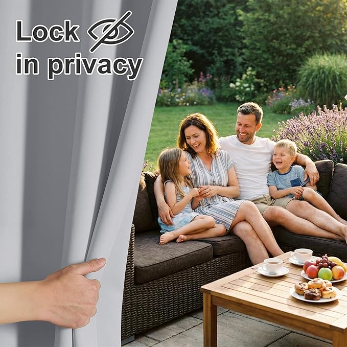 RYB HOME Outdoor Curtains for Patio Waterproof Block Sunlight Thermal Insulated Privacy Assured Thick Outside Curtains for Porch, Gazebo, Pergola, W52 x L95, Light Grey, 1 Panel