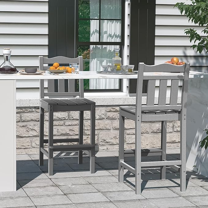 nalone Outdoor Bar Stools Set of 2, HDPE Tall Adirondack Chairs Bar Chairs, Weather Resistance Bar Height Chair for Balcony, Garden, Yard, Backyard (Grey, Bar Chairs Set of 2)