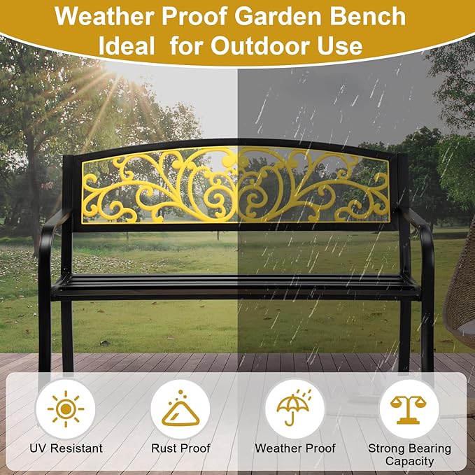 VINGLI Outdoor Bench for Patio Metal Garden Bench w/PVC Back Pattern, Black Park Benches Front Porch Benches for Yard Lawn Decor Deck Entryway (Yellow&Black)