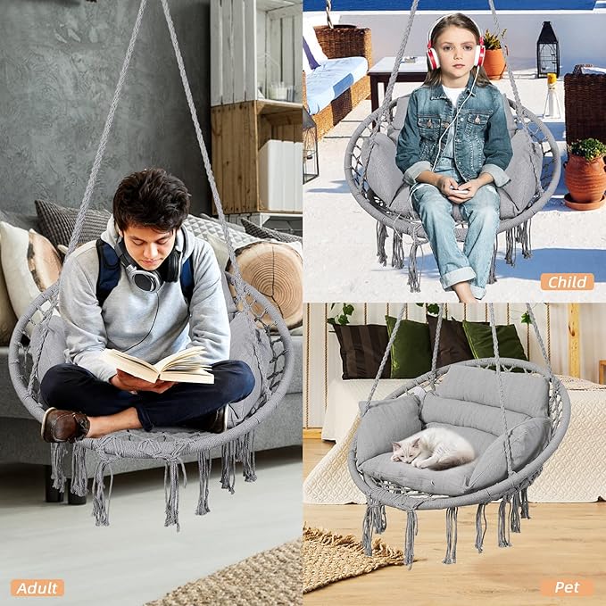 Goutime Hammock Chair, Macrame Hanging Swing Chairs with Cushion and Hardware Kit,Adult Boho Swings for Outside,Patio,Balcony,Bedroom (Light Grey)