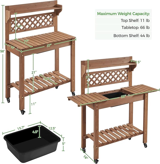 Yaheetech Potting Bench Table Outdoor Garden Horticulture Wooden Workstation Benches w/Sliding Tabletop/Removable Sink/Storage Shelf,Brown