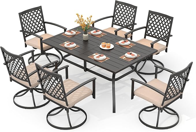 PHI VILLA 7 Pieces Outdoor Dining Set for 6, 60" Rectangle Metal Steel Table with Umbrella Hole & Swivel Wrought Iron Chairs with Cushions, Large Furniture Set for Patio, Deck, Porch, Yard