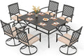 PHI VILLA 7 Pieces Outdoor Dining Set for 6, 60" Rectangle Metal Steel Table with Umbrella Hole & Swivel Wrought Iron Chairs with Cushions, Large Furniture Set for Patio, Deck, Porch, Yard