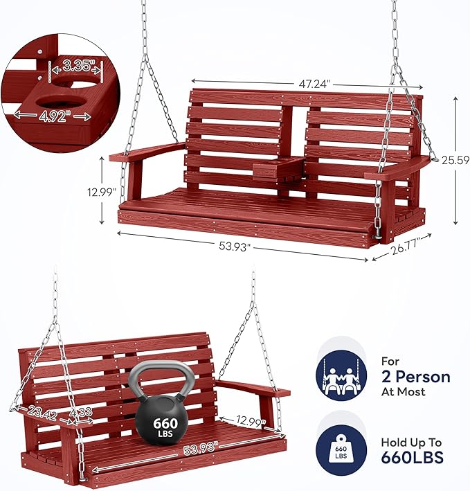 KINGYES Outdoor Hanging Porch Swing Set of 4, 2 Seat Patio Chair With Cup Holders, Waterproof Bench for Courtyard & Garden, 660LBS Weight Capacity, Red