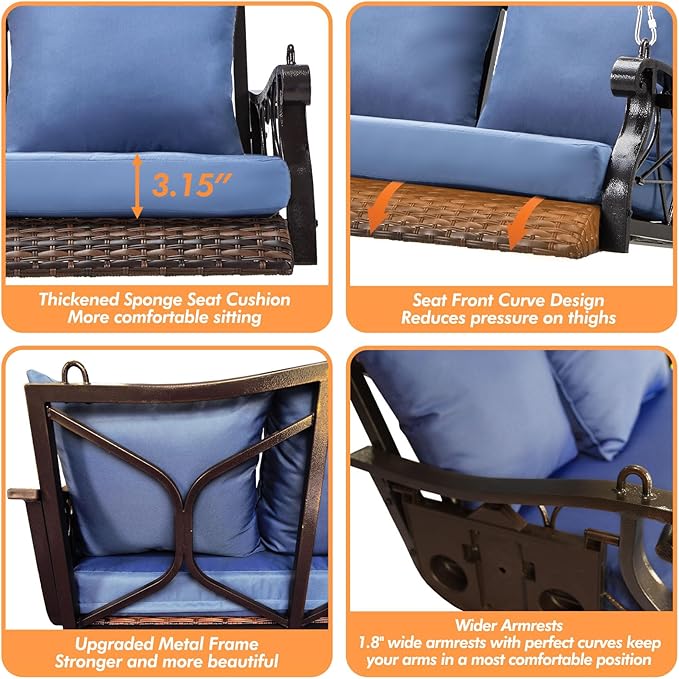 Heavy Duty 900 LBS Porch Swing Chair 3-Person Outdoor Rattan Patio Swing Lounge w/Cup-Holder & Steel Chains Wicker Hanging Bench Porch Swing Cushions for Deck & Backyard & Garden