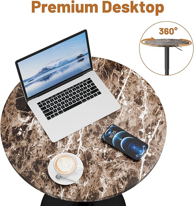 Flamaker Round Bistro Pub Table 23.6 Inch Height Adjustable 360° Swivel Bar Table Metal Base for Pub, Dining Room, Party (1, Marble-Black)