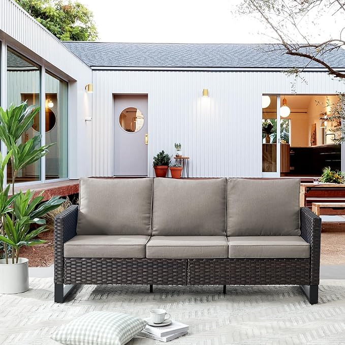 Belord Outdoor Couch Patio Furniture: Wicker Patio Sofa with Deep Seat High Back, 800Lbs Weight Capacity Oversize Outdoor Seating 3 Seater Rattan Couch, Anti-Rust Frame, Brown