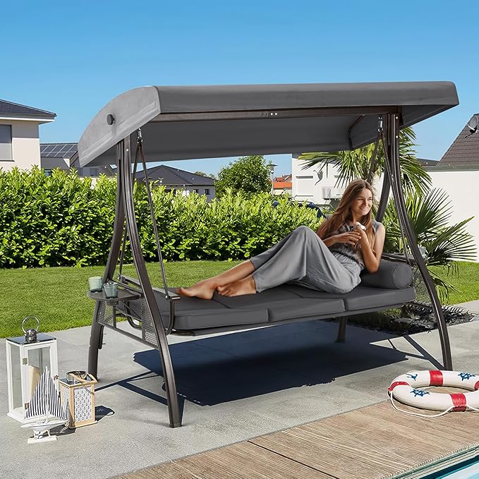 HOMREST 3 Person Outdoor Porch Swing with 1.5" Upgraded Cup Holder, Adjustable Canopy, Backrest, Patio Swing Bed with Weather Resistant Steel Frame, Cushions for Garden,Deck and Poolside(Grey)