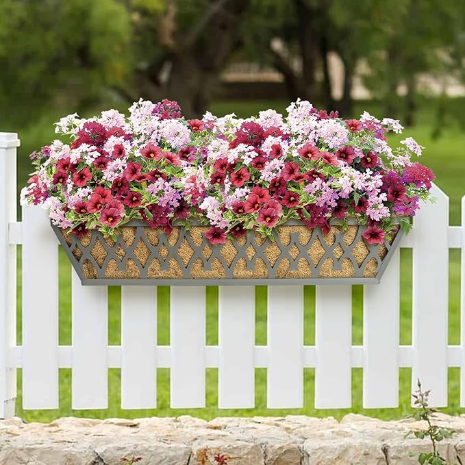 4 Pack 24 Inch Window Boxes Planters Railing Planter Box with Adjustable Brackets for Porch Fence Patio Balcony Hanging Flower Baskets with Coco Liners for Outdoor Garden Decor - Dark Grey