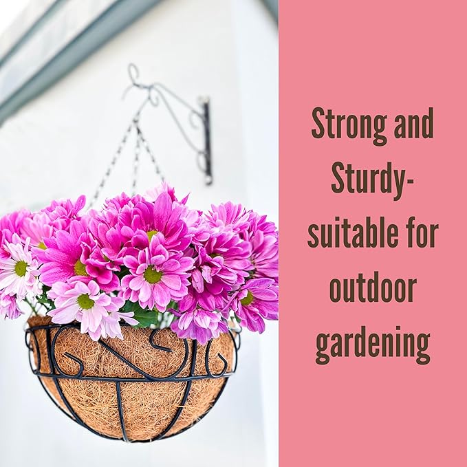LaLaGreen Hanging Planter for Outdoor Plants (16 Inch, 6 Pack) Hanging Baskets with Coco Liner, Black Metal Wire Flower Basket Pots with Hook Hanger Balcony Porch Farmhouse Country Style Garden Decor