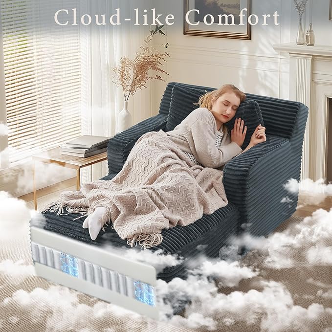 65.4" Chaise Lounge Chair Indoor, Oversized Boneless Couch Comfy Upholstered Sleeper Sofa Bed with 3 Pillows, Corduroy Cloud Reading Chair for Living Room No Assembly Required, Dark Grey