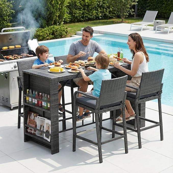 NICESOUL Wicker Outdoor Bar Set 5 Piece, 76" High Top Rattan Bar Table and Chairs Set of 4, Patio Counter Height Dining Table and Stools with Armrest & Cushions for Outside Backyard Poolside, Gray