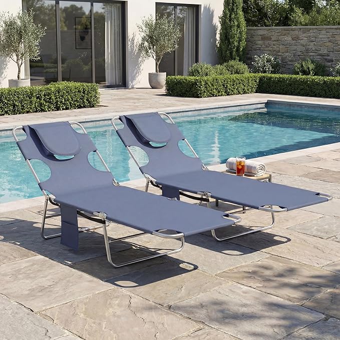 Outsunny Chaise Lounge Chair Outdoor Set of 2 with Face Arm Hole, 5-Position Reclining Face Down Tanning Chair with Carry Strap, Side Pocket, Portable Folding Bed Cot for Patio Beach Pool, Gray