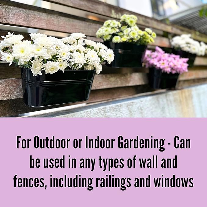 LaLaGreen Rail Planter Outdoor Plants (11.8 Inch, 2 Pack) Black Metal Iron Fence Hanging Flower Pots Deck Railings Buckets Countryside Boho Style Wall Mount Window Box Plant Holder Hooks Porch Decor