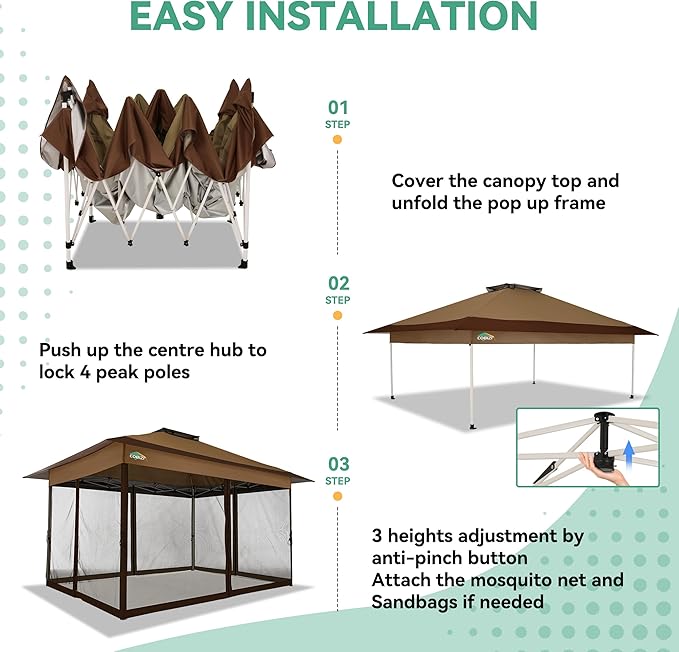 COBIZI 13x13 FT Pop up Gazebo on Clearance - Outdoor pop up Canopy Tent,carpas para Patio, Shelter - Screen Tents with Portable Carry Bag, Patio Gazebos for Camping,Garden,Deck,Backyard,Brown