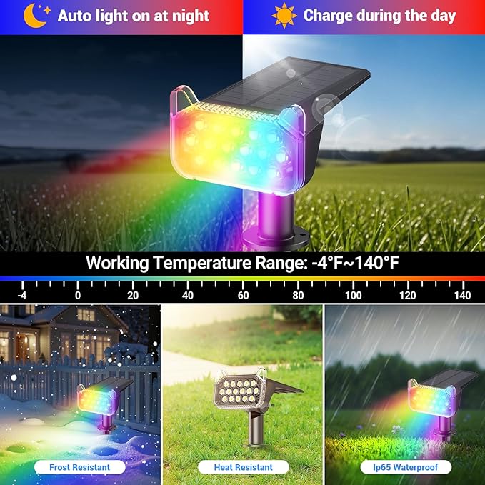 WdtPro 2 Pack Solar Color Changing Spot Lights, 10 Lighting Modes Solar Lights Outdoor Waterproof, Multicolor RGB Outdoor Lights, 9 Colors Auto Cycling Landscape Spolights for Yard Garden Decoration