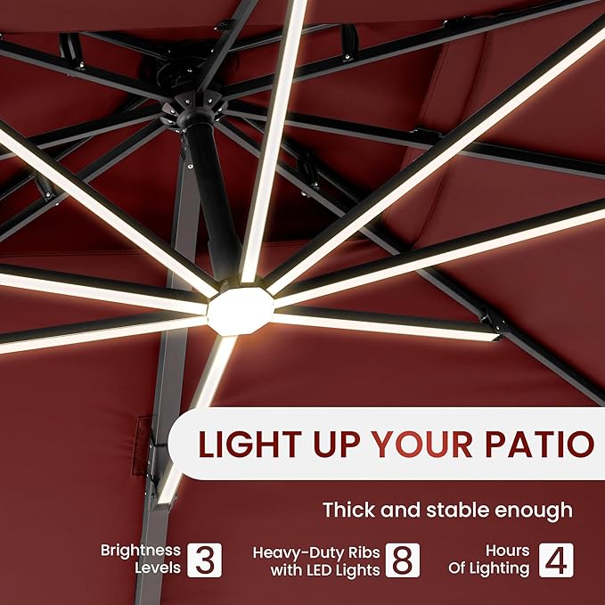 10 X 13 FT Cantilever Patio Umbrella with Led Lights and Base Included Outdoor Heavy Duty Double Top Rectangle Offset Umbrellas with 360-degree Rotation for Pool Deck Backyard, Wine Red