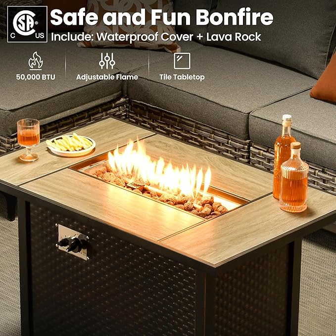 ovios 8-Piece Patio Furniture Set with L-Shape Sofa Chaise, Outdoor Sectional Couch Swivel Gliders Fire Pit Table, Modern Modular Wicker Rattan Conversation Set, Dark Grey