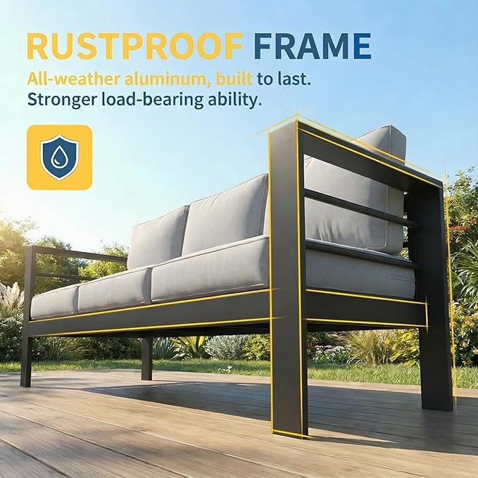 Solaste Aluminum Patio Furniture Set for All Weather, Oversized Metal Outdoor Furniture Set with 27.5" Deep Seating and 3.2" Wide Armrest, Outdoor Patio Sofa with 10" Back Suport Cushion