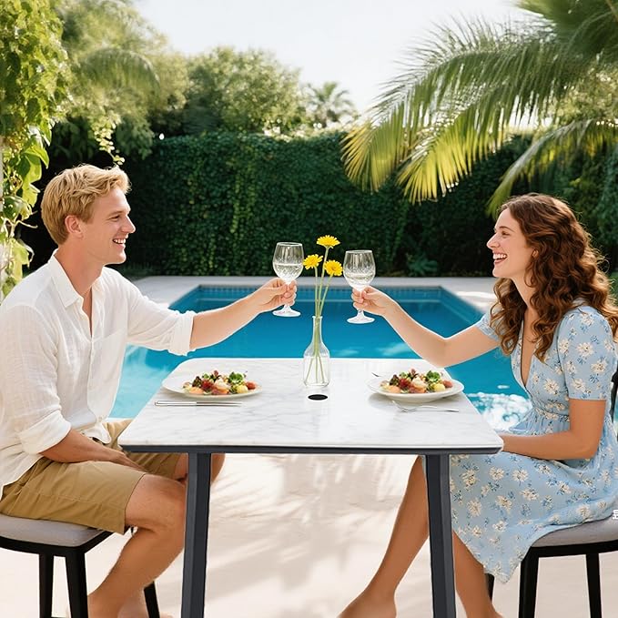 Modern 35.4'' Rounded Square Outdoor Bar Table, Greek White Marble-Inspired Sintered Stone Top, Umbrella Hole, Rust-Free Aluminum Frame, Ember Black, Weatherproof Table for Garden, Poolside