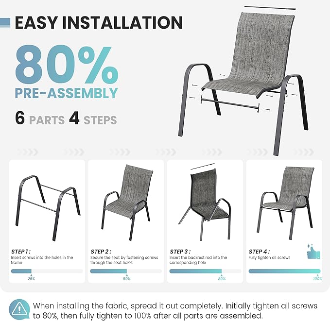 Patio Dining Chairs Set of 8, Outdoor High Stacking Chairs，Breathable Seat Fabric and Alloy Steel Frame for Backyard, Porch, Garden, Sunroom (Light Grey)