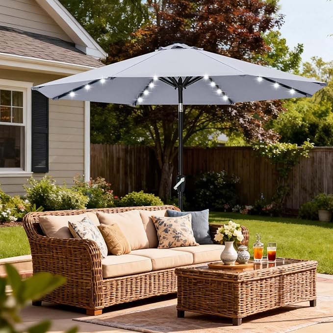 ABCCANOPY Durable Solar Led Patio Umbrellas with 32LED Lights 9FT (Light Gray)