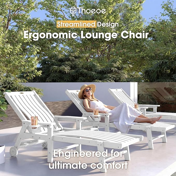 Patio Chaise Lounge Chair Set of 4, Oversized Lounge Chair Outdoor with 5 Positions, HDPE, Patio Lounge Chair with Wheels & Cup Holder for Pool, Deck, Poolside,White