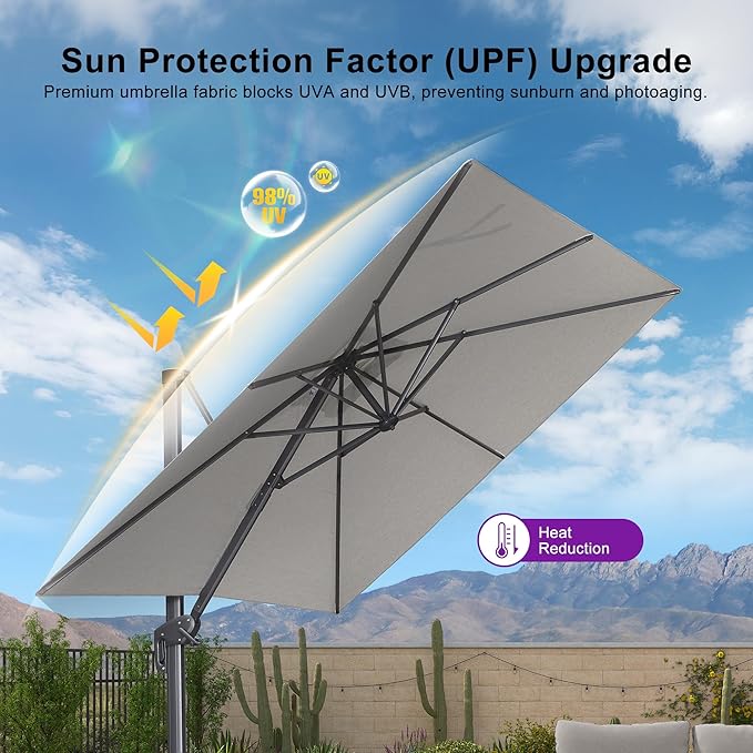 PURPLE LEAF Patio Umbrella 10' X 13' Rectangle Cantilever Umbrella Large Aluminum Outdoor Umbrellas with 360-degree Rotation & UPF40+ Premium Fabric for Deck Pool Garden Yard, Pebble Grey