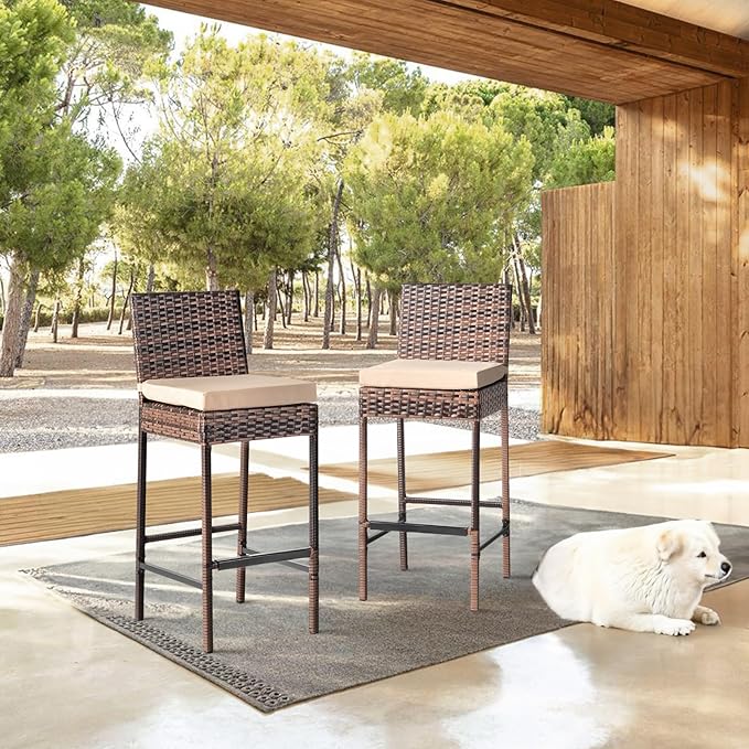 VINGLI Outdoor Wicker Bar Stool Set of 2, Patio Bar Stools w/Cushion, Bar Height Patio Chairs Outdoor Rattan Barstools for Garden Pool Lawn Backyard, Brown