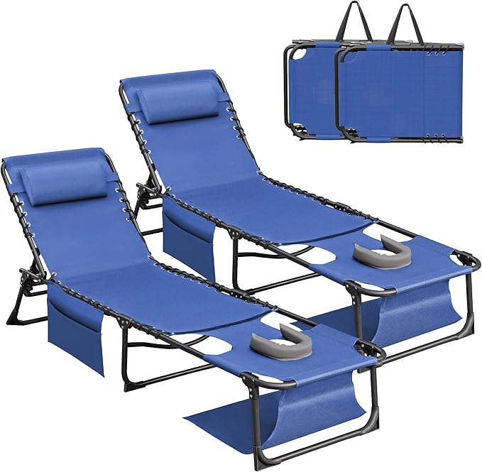 Devoko Beach Lounge Chair, Outdoor Sun Tanning Chair with Face Hole, Heavy Duty Folding Portable Lay Chaise Lounge Chairs for Outside Beach Pool Camping Patio, Blue