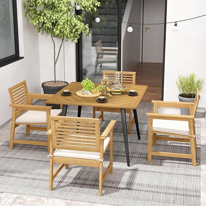 Tangkula 42.5" Acacia Wood Outdoor Dining Table for 4, Patio Table with 1.9" Umbrella Hole, Metal Legs & Adjustable Foot Pads, 4-Person Outside Table for Garden, Poolside & Backyard
