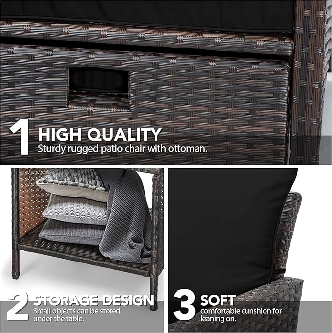 LEVELEVE Balcony Furniture 5 Piece Patio Conversation Set, PE Wicker Rattan Outdoor Lounge Chairs with Soft Cushions 2 Ottoman&Glass Table for Porch, Lawn-Brown Wicker（Black