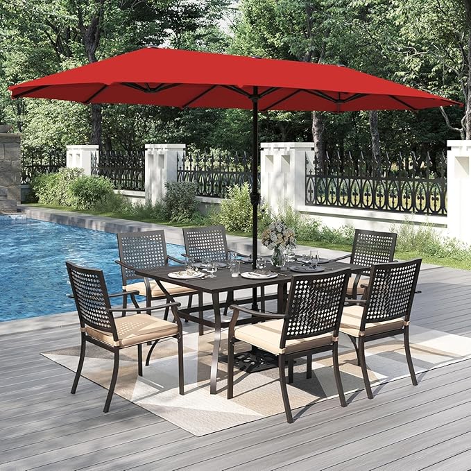 PHI VILLA 7 Pieces Outdoor Dining Set for 6 with Umbrella, 60" Long Metal Table & Stackable Iron Chairs with Cushions & 13ft Red Umbrella, Modern Steel Furniture Set for Patio, Deck, Yard, Porch