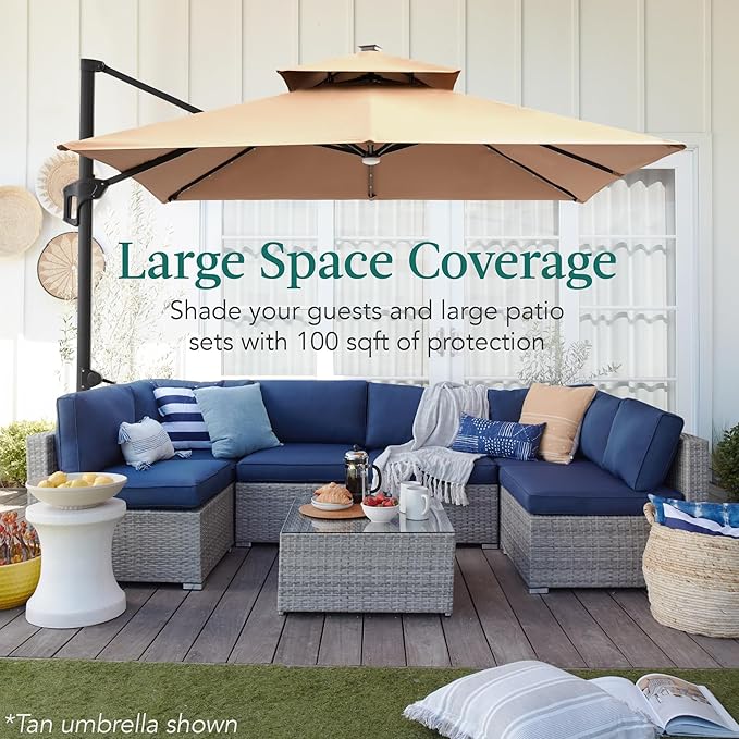 Best Choice Products 10x10ft Cantilever Patio Umbrella w/Base Included, Solar LED Lights 360 Rotation Large Offset Hanging Outdoor Shade for Deck Pool Backyard w/Stand – Orange
