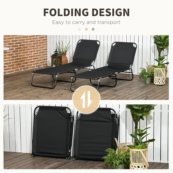 Outsunny 2 Piece Folding Chaise Lounge Pool Chairs, Outdoor Sun Tanning Chairs with 5-Level Reclining Back, Steel Frame for Beach, Yard, Patio, Black