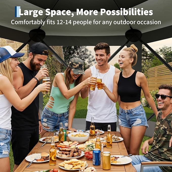 13x13FT 6-Sided Pop Up Gazebo Tent，One-Push Setup Canopy Tent with Removable Canopy Top & Wind Cloths, Outdoor shelter for Camping, Backyard Parties, Outdoor Events - Grey
