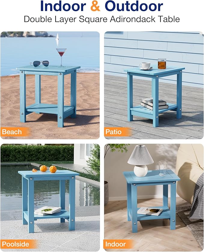 YEFU Outdoor Side Table for Patio: 16" HIPS Weather - Resistant Adirondack Tables - Waterproof Small Square End Tables for Backyard Pool Porch Balcony - Indoor Outdoor Double Layer Table Blue