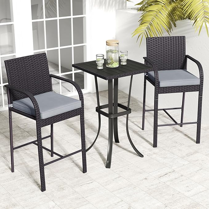Tangkula 3 Piece Patio Wicker Bar Set, Outdoor Rattan Counter Height Cushioned Chairs & Square Table with Heavy-Duty Metal Frame, for Balcony, Backyard, Poolside