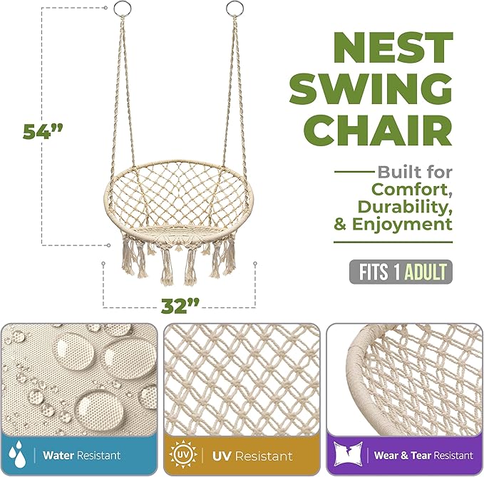 Sorbus Stylish Boho Swing Chair - Premium Cotton Ceiling Swing for Durability, Decorative Macrame Hanging Hammock Chair - Use Indoor, Outdoor Chair, Patio Porch, Garden, Meditation, Gifts- Max 250Lbs