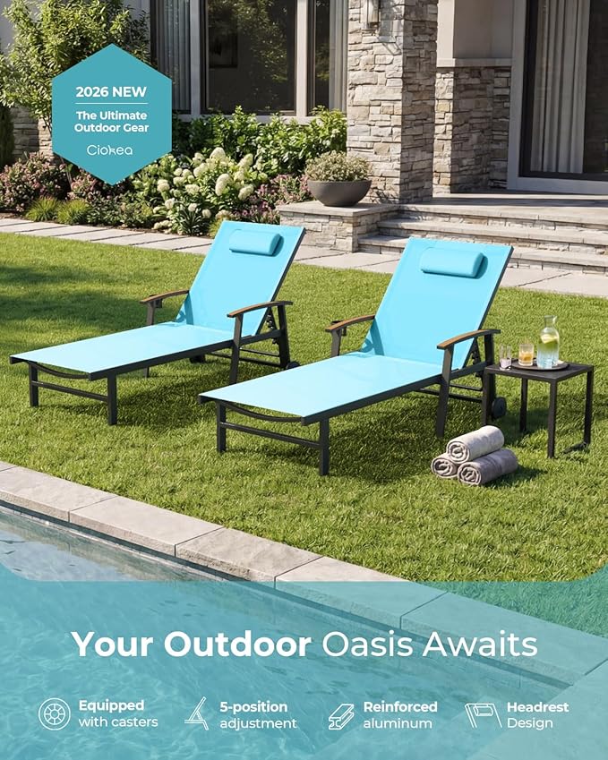 Ciokea Outdoor Lounge Chair with Pillow Set of 4, 5-Position Chaise Lounge with Wheels & Armrests, 400 lbs Heavy Duty Aluminum Pool Lounge Chairs, for Beach, Deck, Poolside & Backyard, Lake Blue