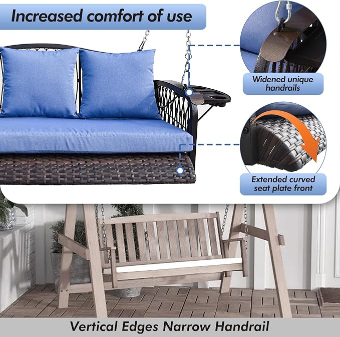 Wicker Porch Swing Heavy Duty 900 LBS 3-Seat Outdoor Patio Swing Chair with Cushions & 8.9ft Chains Outdoor Hanging Bench with Upgraded Cup Holders for Garden Deck Backyard