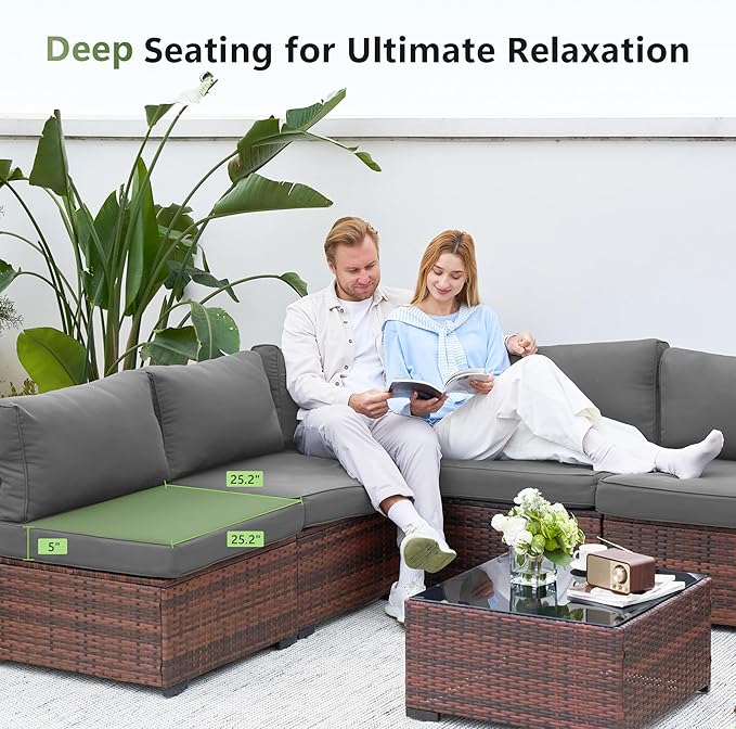 Patio Furniture Sets with Waterproof Cover, 7 Pieces Outdoor Rattan Sectional Sofa Set with Glass Table and Cushions,Wicker Patio Conversation Set for Outdoor Indoor Backyard Lawn Garden Porch (Grey)