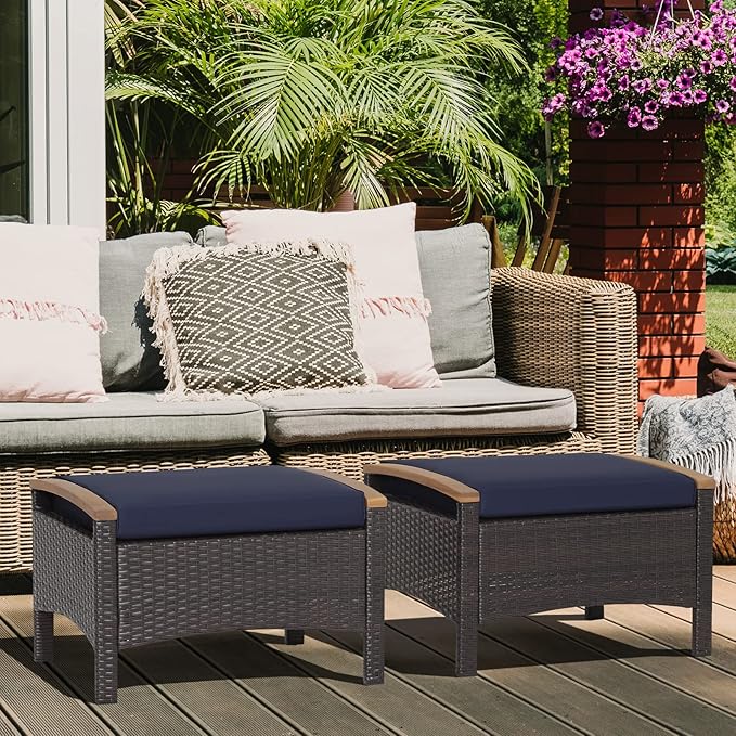 RELAX4LIFE Outdoor Wicker Ottomans for Patio - 2 Pieces PE Rattan Ottoman, Footrest Seat with Zippered Cushions, Acacia Wood Handles, 3-in-1 Footstool, Side Table for Poolside, Backyard (Navy)