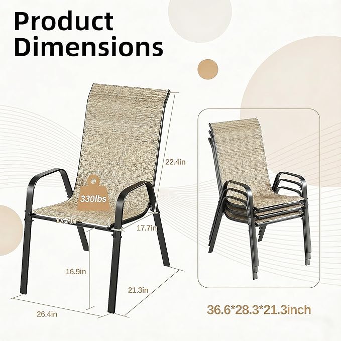 MAMIZO Patio Dining Chairs, Stackable All Weather Teslin Chair, Heavy Duty Outdoor Breathable Chairs Set, w/Armrests, Upgraded Chair FeetW/Strenthened Iron Spacers, 330 LBS (8, Brown)