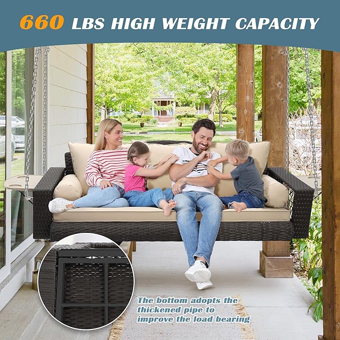 Outdoor Wicker Patio Porch Swing - 3 Person Swing Outdoor Hanging Porch Swing Seat Bench with Chains for Yard, Deck, Garden (Brown Rattan Khaki Cushion)