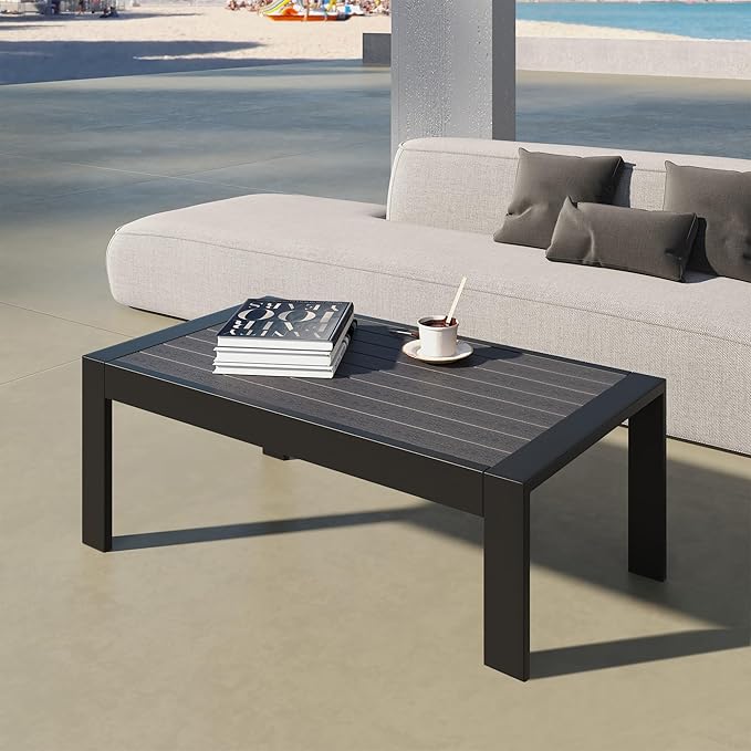 All-Weather Aluminum Outdoor Coffee Table, Modern Coffee Table for Outside, Rectangle Patio Coffee Table for Balcony Garden, Black