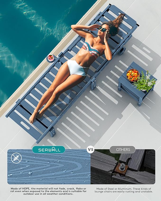 SERWALL Outdoor Chaise Lounge Set of 2 with 9FT Umbrella, HDPE Pool Lounge Chair with 5-Position Adjustable Backrest, Patio Lounger with Rolling Wheels & Cup Holder for Pool, Navy